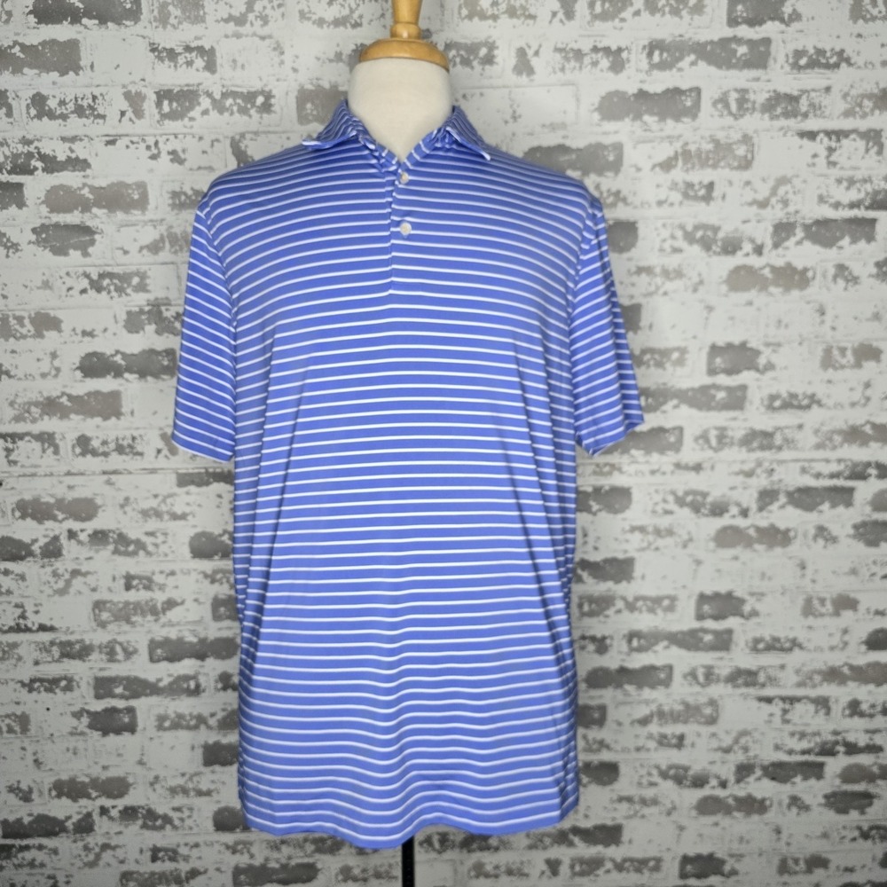 Michel Rouen Polo Shirt Mens XL Blue Striped performance Golf Short Sleeve
